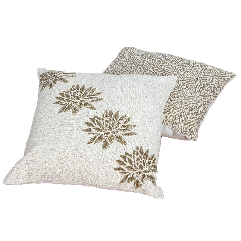 Travel Pillows for Long JourneysBenzara 18 x 18 Hand Block Printed Cotton Pillow with Floral Details, Set of 2,Gold and Beige Travel Pillows for Long JourneysBenzara 18 x 18 Hand Block Printed Cotton Pillow with Floral Details, Set of 2,Gold and Beige