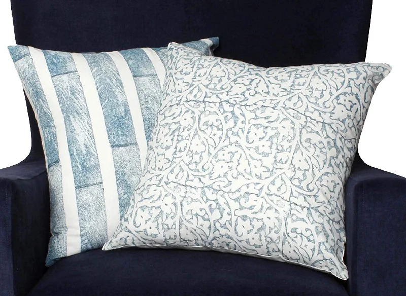 Decorative Pillows for Living Room MakeoverBenzara 18 x 18 Block Striped Cotton Pillow with Floral Motif, Set of 2, White and Blue