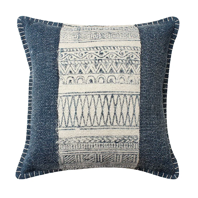 Kids Pillows with Fun DesignsBenzara 18 x 18 Hand Woven Cotton Pillow with Block Print, White and Blue Kids Pillows with Fun DesignsBenzara 18 x 18 Hand Woven Cotton Pillow with Block Print, White and Blue