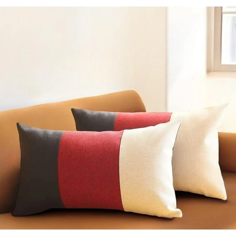 Firm Pillows for Side SleepersSet of Two 12" X 20" Black Red and Ivory Color Block Fabric Lumbar Throw Pillows