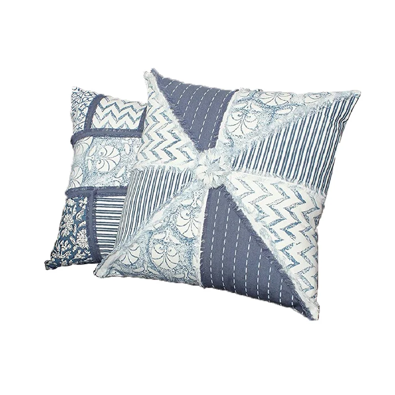 Cooling Pillows for Hot SleepersBenzara 18 x 18 Hand Block Cotton Pillow with Patchwork Details,Set of 2, Blue and White