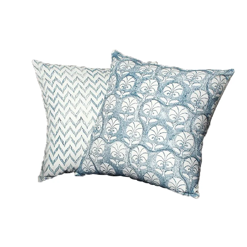 Down Alternative Pillows for Ethical ChoicesBenzara 18 x 18 Cotton Pillow with Leaf Motif and Chevron Design, Set of 2, Blue and White Down Alternative Pillows for Ethical ChoicesBenzara 18 x 18 Cotton Pillow with Leaf Motif and Chevron Design, Set of 2, Blue and White