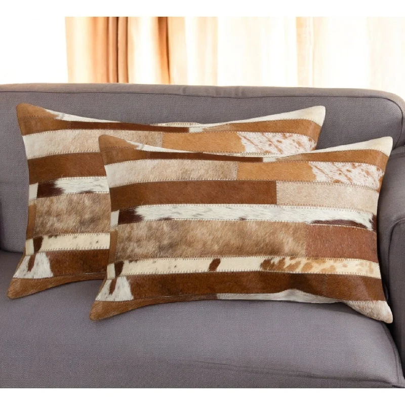 Hypoallergenic Pillows for Allergy SufferersSet of Two 12" X 20" Brown and White Patchwork Cowhide Lumbar Throw Pillows