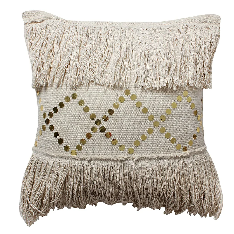 Hypoallergenic Pillows for Allergy SufferersBenzara 18 x 18 Hand Woven Cotton Fringe Pillow with Sequin Details, Beige Hypoallergenic Pillows for Allergy SufferersBenzara 18 x 18 Hand Woven Cotton Fringe Pillow with Sequin Details, Beige