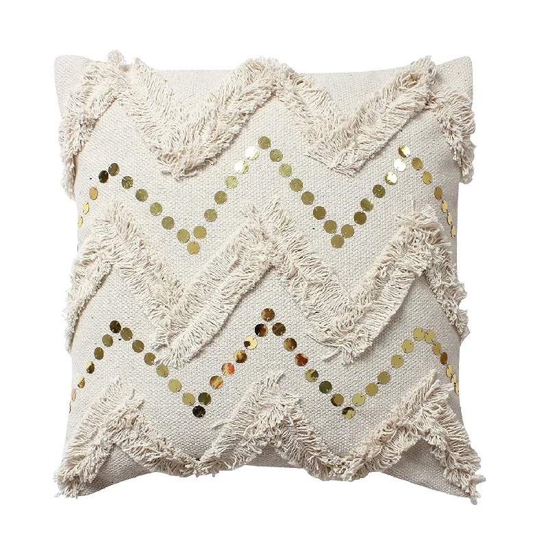 Soft and Fluffy Pillows for Bedroom ComfortBenzara 18 x 18 Cotton Pillow with Fringe and Sequin Chevron Details, Beige Soft and Fluffy Pillows for Bedroom ComfortBenzara 18 x 18 Cotton Pillow with Fringe and Sequin Chevron Details, Beige